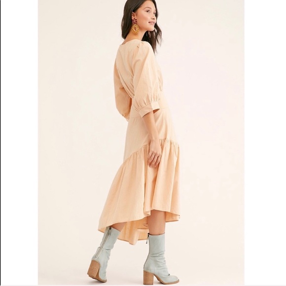 Free People Cotton Linen Wrap Midi Dress Peach - Picture 3 of 4